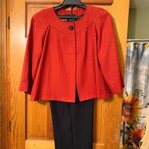 Perceptions New York 3-Piece Pantsuit | Rust Jacket, Printed Top & Black Pants